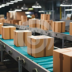 Many cardboard boxes on conveyor belt in packing shop setting