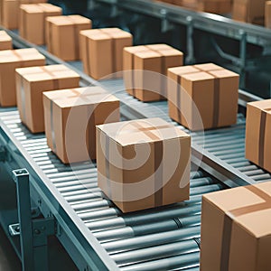 Many cardboard boxes on conveyor belt in packing shop setting