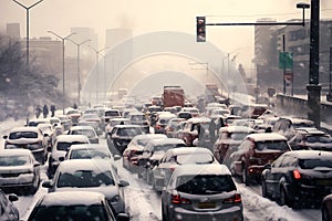 Many cars are stuck in a traffic jam on a snowy road after a snow storm