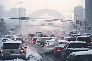 Many cars are stuck in a traffic jam on a snowy road after a snow storm
