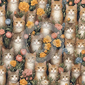 Many cats or kitties with vibrant flowers