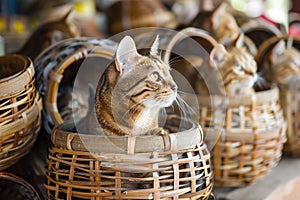 Many Cats in Wicker Baskets on Handicraft Market, New Wickerwork, Cat in Hand Made Basket