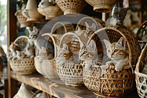 Many Cats in Wicker Baskets on Handicraft Market, New Wickerwork, Cat in Hand Made Basket