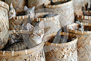 Many Cats in Wicker Baskets on Handicraft Market, New Wickerwork, Cat in Hand Made Basket