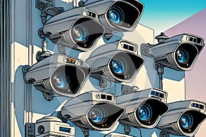 Many CCTV cameras on building wall