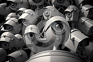 Many CCTV security surveillance cameras. Dystopian big brother spy and monitoring control concept. stress and excess