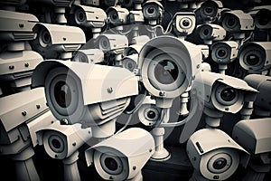 Many CCTV security surveillance cameras. Dystopian big brother spy and monitoring control concept. stress and excess