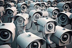 Many CCTV security surveillance cameras. Dystopian big brother spy and monitoring control concept. stress and excess