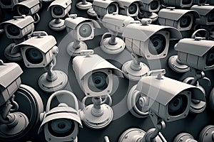 Many CCTV security surveillance cameras. Dystopian big brother spy and monitoring control concept. stress and excess