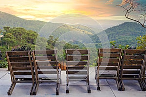 Many chairs under sunset against mountain view in Da Lat Vietnam