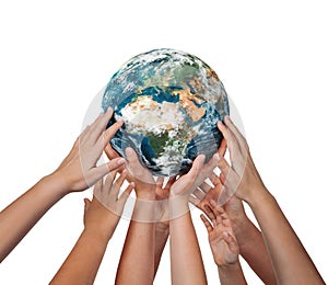 Many children hands holding planet earth