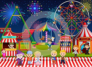 Many Childrens and people worker having fun in amusement park at night