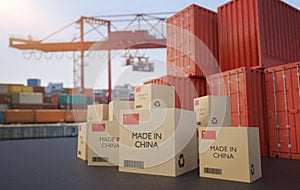 Many chinese cargo containers and cardboard boxes. Importing goods from China concept. 3D rendered illustration.