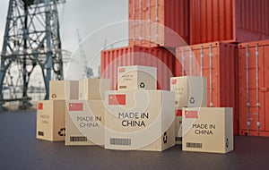 Many chinese cargo containers and cardboard boxes. Importing goods from China concept. 3D rendered illustration.