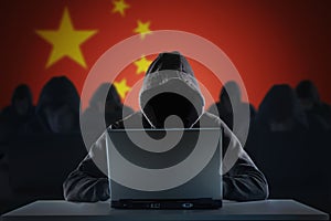 Many chinese hackers in troll farm. Privacy and security concept. photo