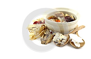 Many chinese herbal medicine on white background for healthy soup