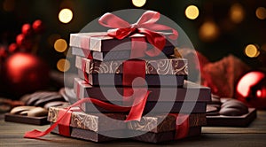 many chocolate boxes are shown sitting on a background of decorations
