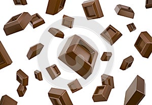 Many chocolate cubes falling down flying in white space