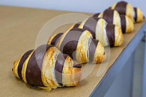 Many chocolate-flavored croissants are freshly baked
