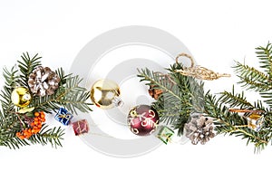 MANY CHRISTMAS ORNAMENTS IN LINE. DECORATIVE ELEMENTS ON WHITE BACKGROUND