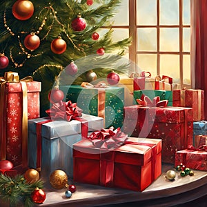 many christmas presents in boxes on a table by a window