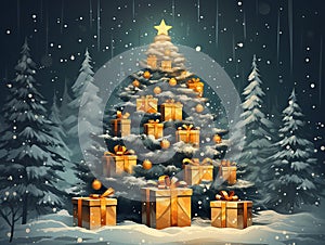 Many Christmas presents in golden paper are under the Christmas tree in winter forest