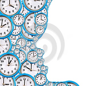 Many clocks symbolizing the inexorable passage of time and the contour of the face that opposes time