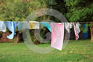 clothes hanging and dressed to dry outdoors on the clothesline