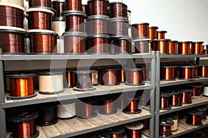 Many coils of copper wire in the production workshop, winding copper cable on spools