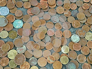 Many coins on floor of temple for lucky in Thailand, Money background