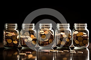 Many coins in glass jars. Concept of money economy and savings