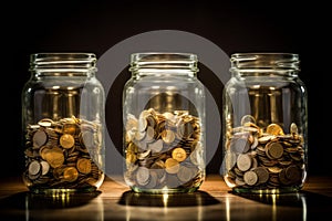 Many coins in glass jars. Concept of money economy and savings