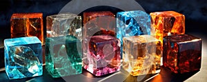 Many colored cubes from crystal or glass. Cub in diferrent colors