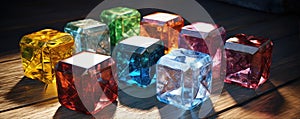 Many colored cubes from crystal or glass. Cub in diferrent colors