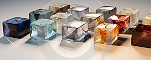 Many colored cubes from crystal or glass. Cub in diferrent colors
