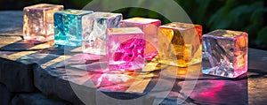 Many colored cubes from crystal or glass. Cub in diferrent colors