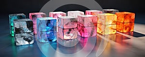 Many colored cubes from crystal or glass. Cub in diferrent colors