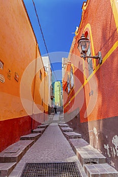 Many Colored Houses Narrow Street Guanajuato Mexico