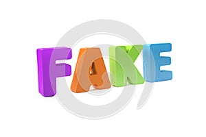 Many-colored isolated wooden word FAKE made with 3d text effect. Concept of false information, distortion of fact. Misinformation