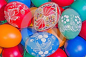 Many colored painted easter eggs, romanian tradional, close up