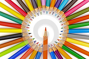 Many colored pencils in abstract teamwork