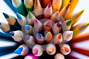 Many colored pencils arranged in a vibrant and orderly row