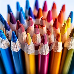 Many colored pencils arranged in a vibrant and orderly row