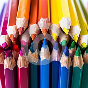 Many colored pencils arranged in a vibrant and orderly row