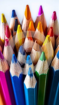 Many colored pencils arranged in a vibrant and orderly row