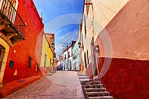 Many Colored Red Yellow Houses Narrow Street Guanajuato Mexico