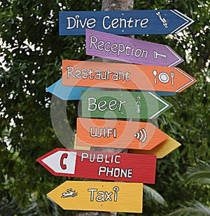 Many colored signs indicating different and directions