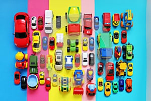 Many colored toy cars on multicolored background