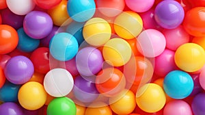 Many colorful bright soft balls background for kids playroom. Popular balloon zones in playgrounds. Childrens rainbow