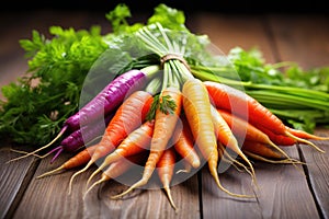 Many of colorful carrots arranged on rustic wood table. Food and culinary-related concept, healthy eating promotions, an photo